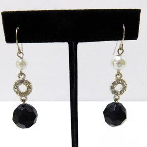 Drop Dangle Faux Pearl Black Faceted Bead Rhinestones Womens Earrings Fish Hook